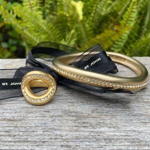 NWOT St. John Brushed Gold Asymmetrical Bracelet & Ring w/Swarovski Crystals.